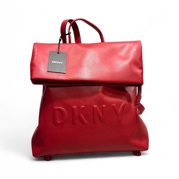NWT DKNY Tilly Logo Foldover Backpack in cherry red faux leather Brand New